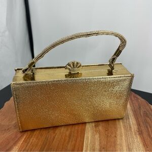 Vintage Handbag Purse Pocketbook Frame Box Gold Lame clutch